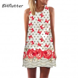 BHflutter Women Dress 2018 New Arrival Rose Print Sleeveless Summer Dress O neck Casual Loose Mini Chiffon Dresses Vestidos