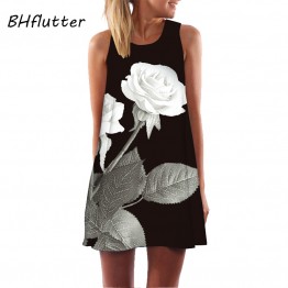 BHflutter Women Dress 2018 New Arrival Rose Print Sleeveless Summer Dress O neck Casual Loose Mini Chiffon Dresses Vestidos
