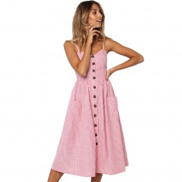 Button Striped Print Cotton Linen Casual Summer Dress 2019 Sexy Spaghetti Strap V-neck Off Shoulder Women Midi Dress Vestidos