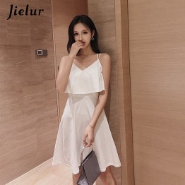 Jielur Spaghetti Strap Dress White Ruffles 2019 Solid Color Summer Sleeveless Sexy Beach Dress Women Korean Harajuku Robe Femme