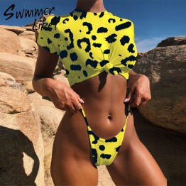 Knot crop top bikini 2019 Leopard swimwear women bathers Yellow push up swimsuit female T-shirt thong bikini sexy bathing suit