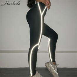 Macheda Women Pants Activewear High Waist Fitness Leggings Fashion Patchwork Reflective Stripe Workout Stretch Slim Leggings