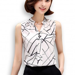 New 2018 Summer Chiffon Blouse shirt Women Printed Sleeveless White top Blouses Shirts Female Office tops
