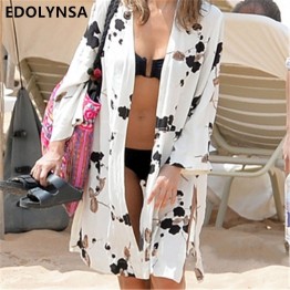New Summer Blouse Women Cotton Kimono Cardigan Polka Dot Printed Boho Tops Thin Outerwear Long Beach Kimono Blusas White #N22