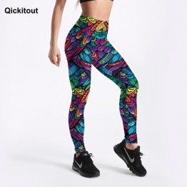 Qickitout Summer New Arriaval Color Feathers 3D Printed Women Sexy Fitness Activewear Elastic Mid Waist Trousers Drop Shipping