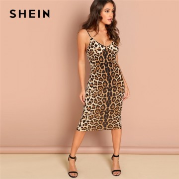 SHEIN Multicolor Sexy Party Backless Leopard Print Cami Sleeveless Pencil Skinny Club Dress Autumn Night Out Women Dresses