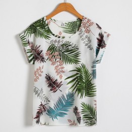 Softu Hot Summer Women's Casual Blouse Shirt Floral Chiffon Print O Neck Short Sleeve Lady's Top Loose Blusas