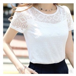 Summer Women White Lace Blouse Short Sleeve Plus Size Korean Crochet Round Neck Hollow Out Tops Shirt Camisas Femininas Qz*
