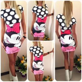 Summer casual women's clothing Stylish and elegant short-sleeved round neck bag hip mini dress Sexy chic 3D Mickey Mouse Dress