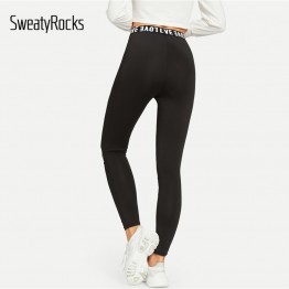 SweatyRocks Fitness Black Mesh Insert Letter Print Activewear Leggings High Waist Casual Workout Women Athletics Leggings