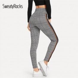 SweatyRocks Wide Waist Contrast Tape Plaid Leggings Women High Waist Leggings 2019 Spring Activewear Fitness Grey Leggings