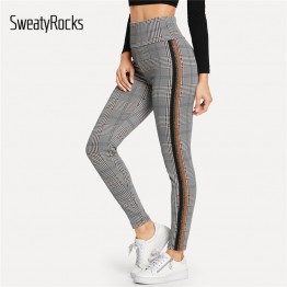 SweatyRocks Wide Waist Contrast Tape Plaid Leggings Women High Waist Leggings 2019 Spring Activewear Fitness Grey Leggings