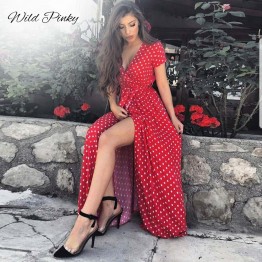 WildPinky Boho Polka Dot Long Dresses Women Split Short Sleeve Summer Casual Dress 2019 Streetwear Black Maxi Dress Vestidos
