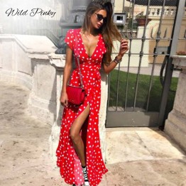 WildPinky Boho Polka Dot Long Dresses Women Split Short Sleeve Summer Casual Dress 2019 Streetwear Black Maxi Dress Vestidos