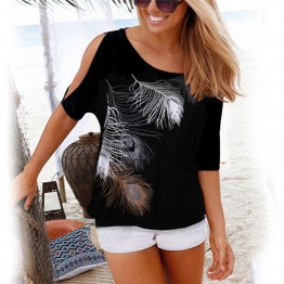 Women Shirt Casual Summer Blouse 2019 Short Batwing Sleeve Loose Tops Cold Shoulder Feather Print Shirt Plus Size Blouse 5XL