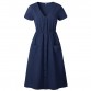 Women's Fashion Summer Elegant Dresses Short Sleeve V Neck Button Decorative Swing Midi Dress with Pockets