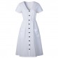 Women's Fashion Summer Elegant Dresses Short Sleeve V Neck Button Decorative Swing Midi Dress with Pockets