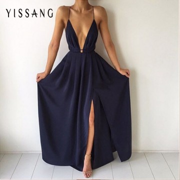 Yissang 2017 high split maxi dress chiffon solid sexy evening party clubwear spaghetti strap dresses blue red pink white32741389654