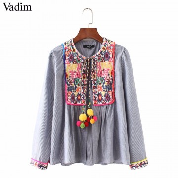 women vintage Boho embroidery jacket vintage loose retro pleated coat long sleeve color fur balls casual outwear tops CT1206