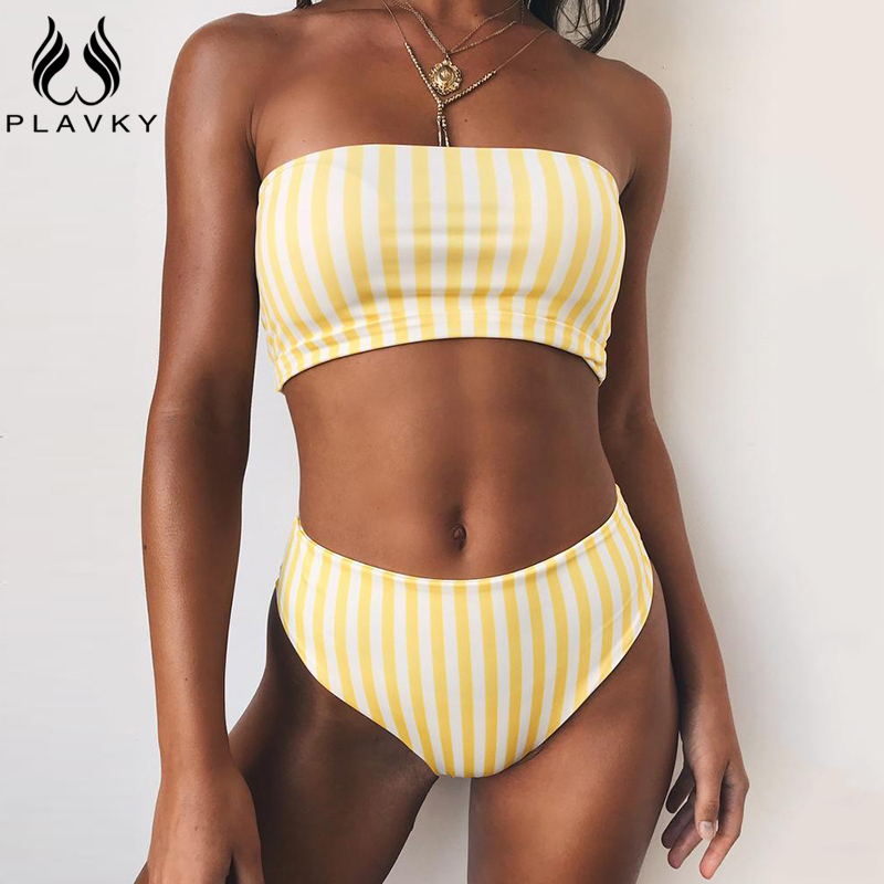 PLAVKY-2019-Retro-Sexy-Yellow-Striped-Strapless-Bandeau-Biquini-Cut-High-Waist-Swim-Bathing-Suit-Swi-32853534644