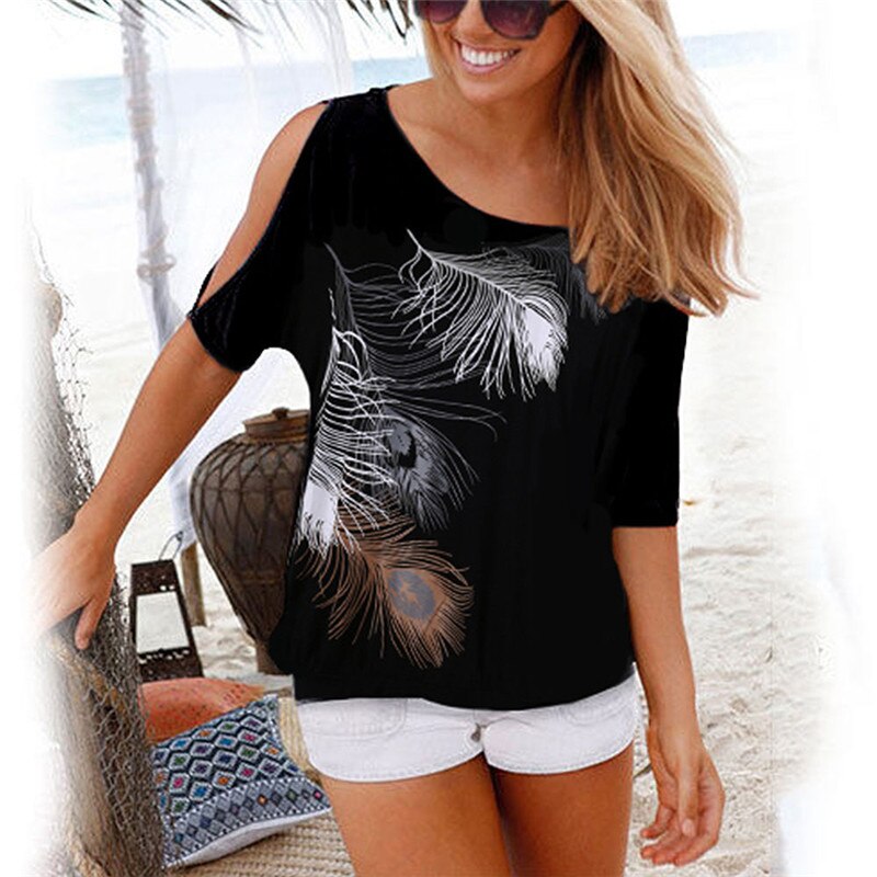 Rogi-Womens-Tops-And-Blouses-2019-Summer-Fashion-Cold-Off-Shoulder-Top-Beach-Casual-Feather-Print-Sh-32846812983