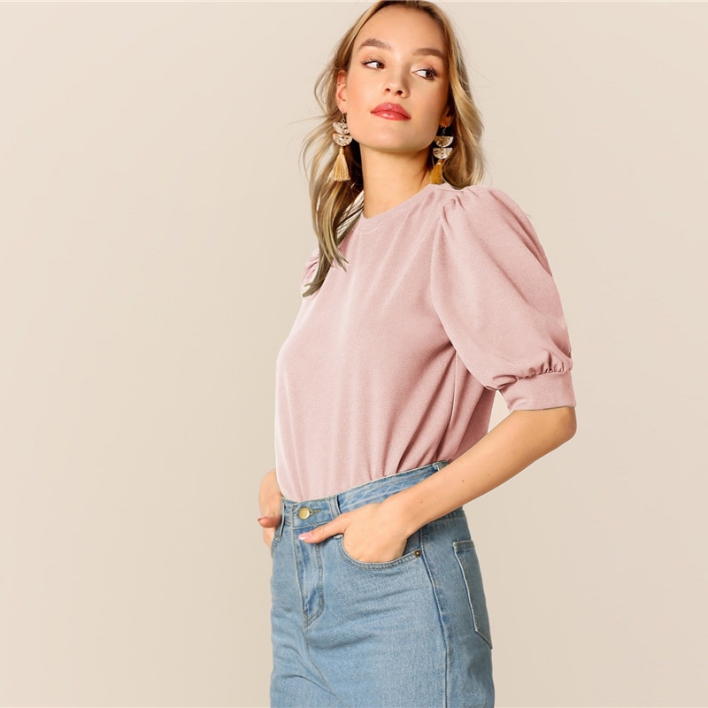 SHEIN-Ladies-Casual-Green-Puff-Sleeve-Keyhole-Back-Solid-Top-And-Blouse-Women-2019-Summer-Workwear-H-32974229254