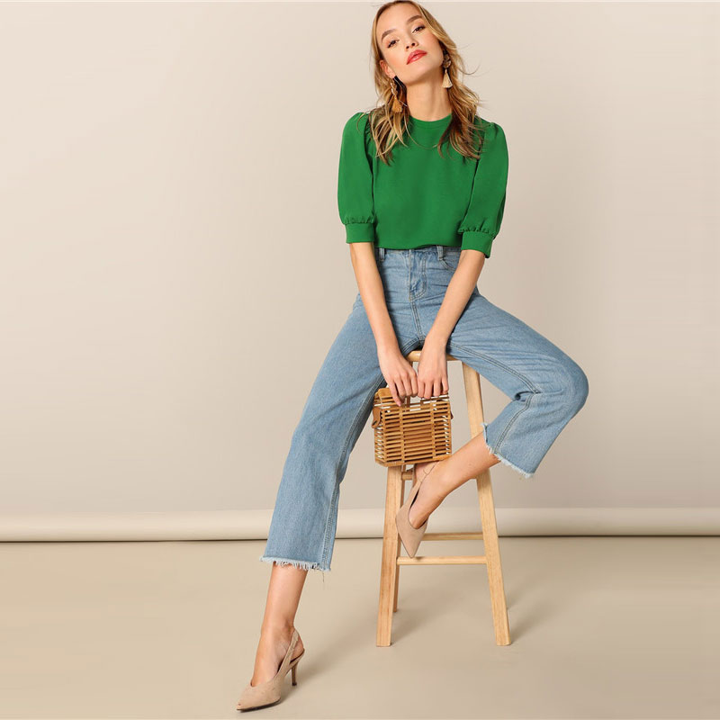 SHEIN-Ladies-Casual-Green-Puff-Sleeve-Keyhole-Back-Solid-Top-And-Blouse-Women-2019-Summer-Workwear-H-32974229254